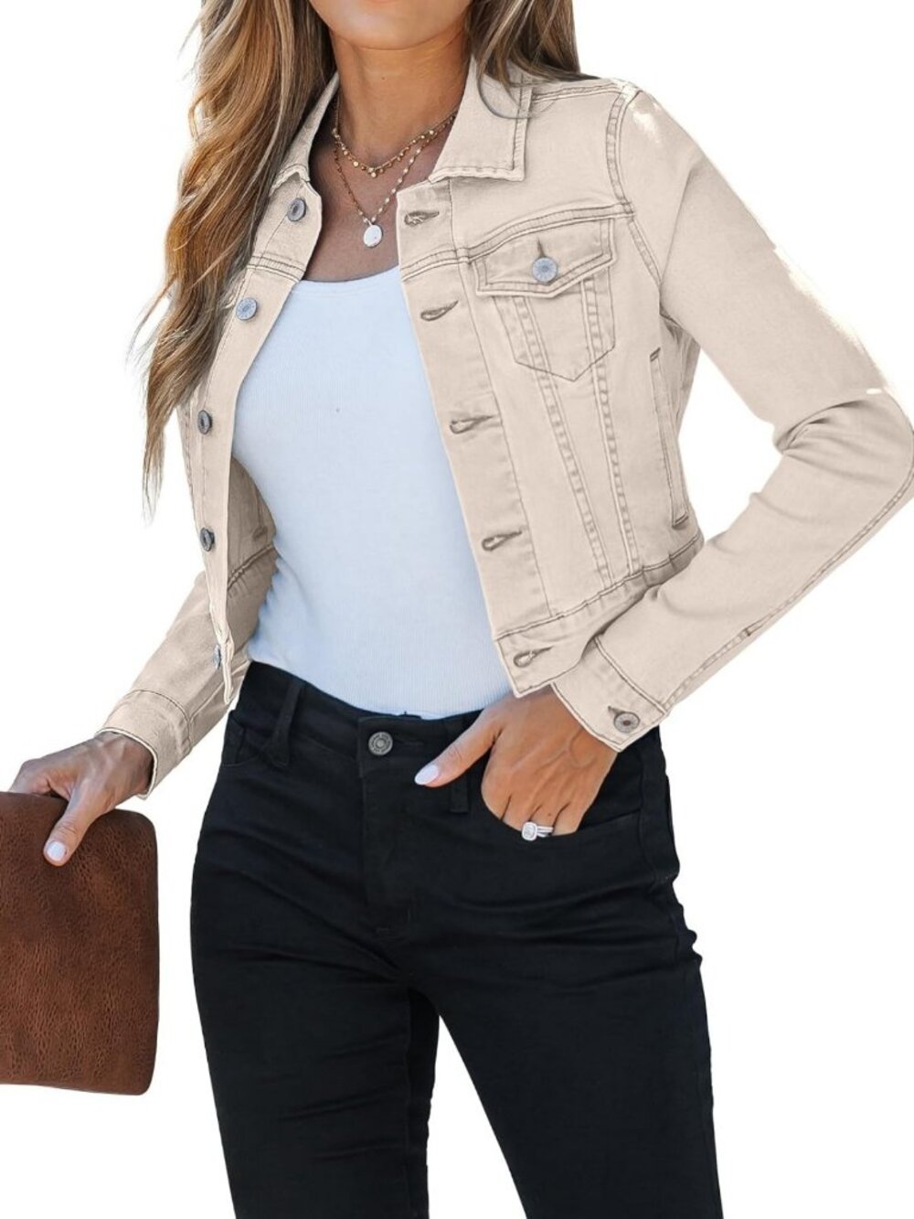 Cropped Denim Shacket Jacket for Women - Lightweight, Fitted, Stretchy with
